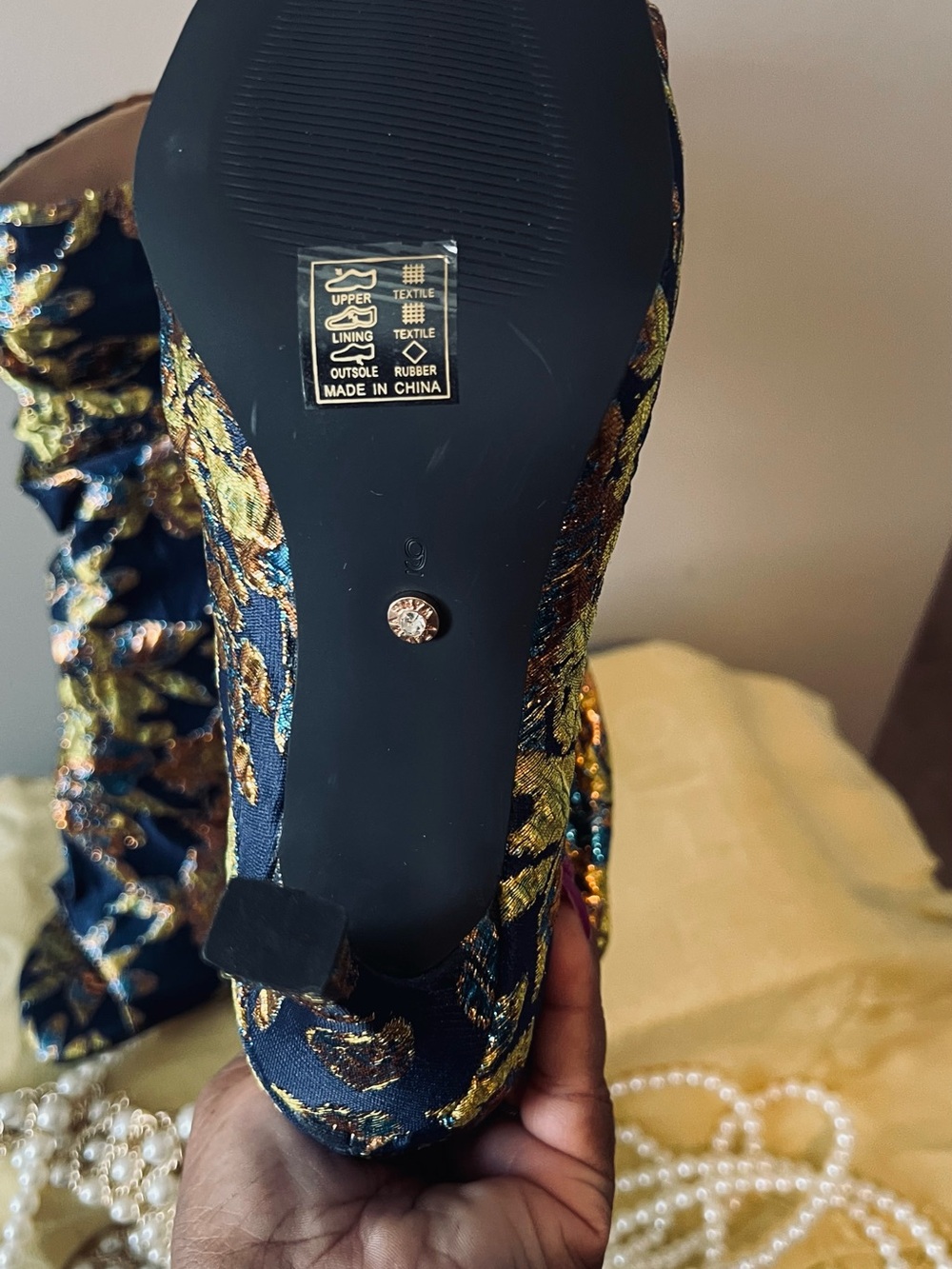 AKIRA Navy Floral Embroidered Slouch Peep-Toe Stiletto Boot - Picture 6 of 8